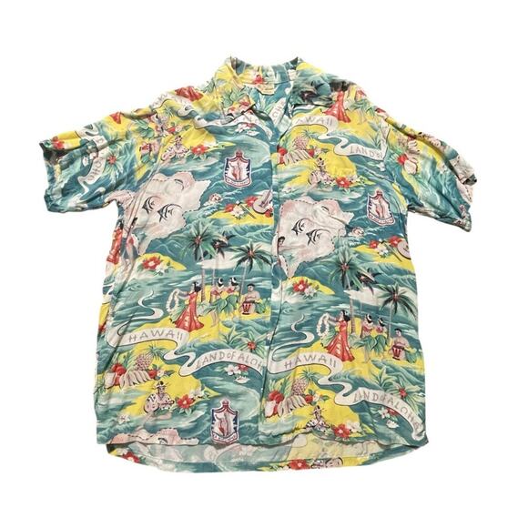 VTG Hale Hawaii Shirt Mens Green Yellow Medium Land Of Aloha Hawaiian Hula 1950s - Picture 1 of 10